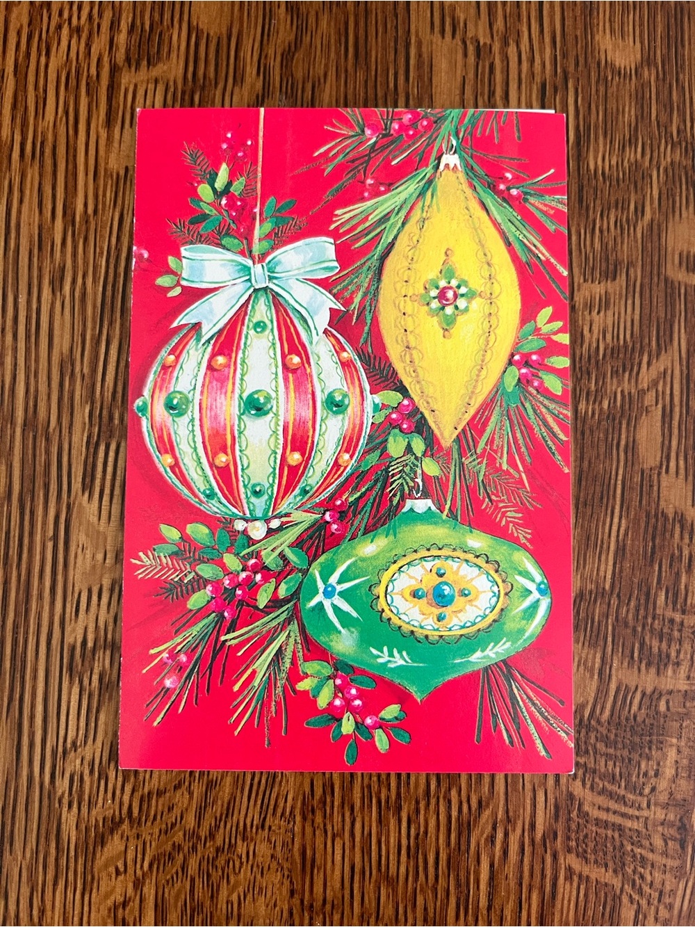 Vintage USED Christmas Holiday Ornaments, Santa, Wreath, Card Lot of 4